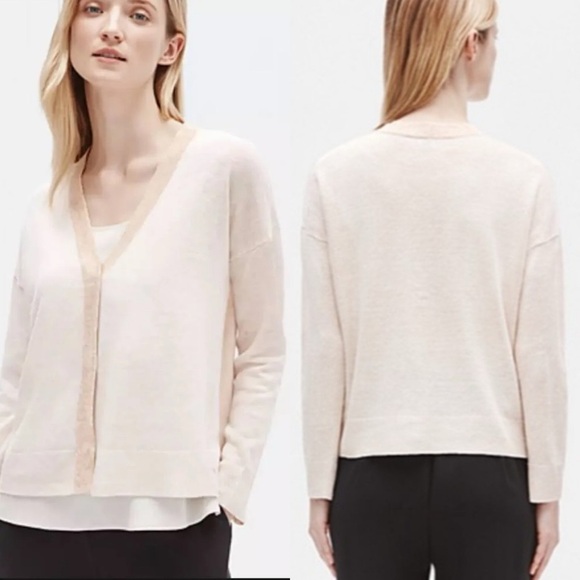 Eileen Fisher Organic Linen V-neck Cardigan Bone Sparkle Trim Size Large $248 - Picture 3 of 11